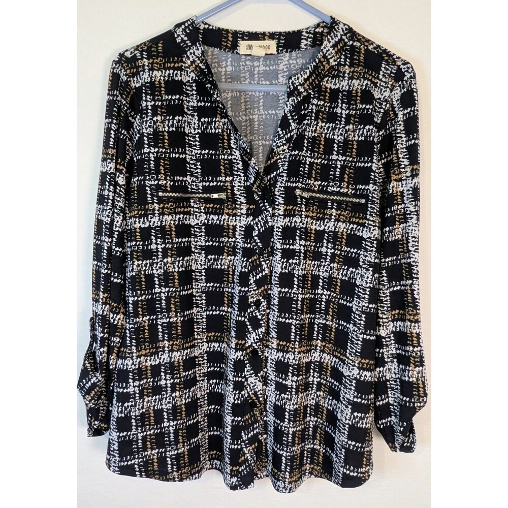 Blue Mood Womens Size L Plaid Roll Tab Long Sleeve V-Neck Top Zipper Accent